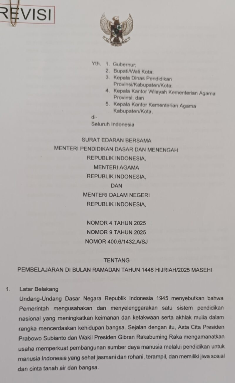 Surat Edaran Bersama Tiga Menteri tentang, pembelajaran di bulan Ramadan 1446 Hijriah/2025 Masehi. Foto.Juwantoro