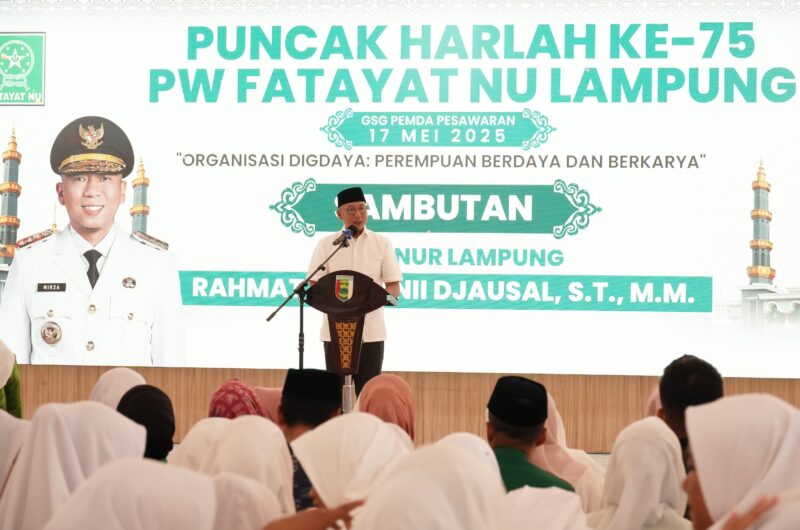 Gubernur Lampung saat memberikan sambutan pada peringatan Hari Lahir ke-75 Fatayat NU yang digelar di Gedung Serba Guna (GSG) Pemkab Pesawaran. ( Diskominfo Prov Lampung).