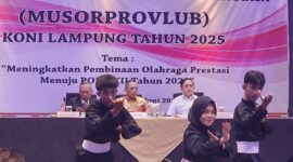 Penampilan Atlet Pencak Silat di acara Musorprovlub KONI Lampung Tahun 2025 (Poto Muslim Pranata).