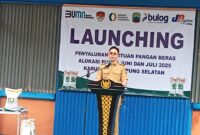 Bupati Lampung Selatan Radityo Egi Pratama tengah memberikan sambutan dalam louncing penyaluran bapang, Selasa, 22 Juli 2025. (Foto.Juwantoro)