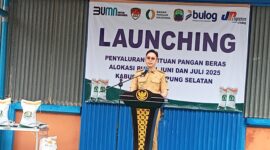 Bupati Lampung Selatan Radityo Egi Pratama tengah memberikan sambutan dalam louncing penyaluran bapang, Selasa, 22 Juli 2025. (Foto.Juwantoro)