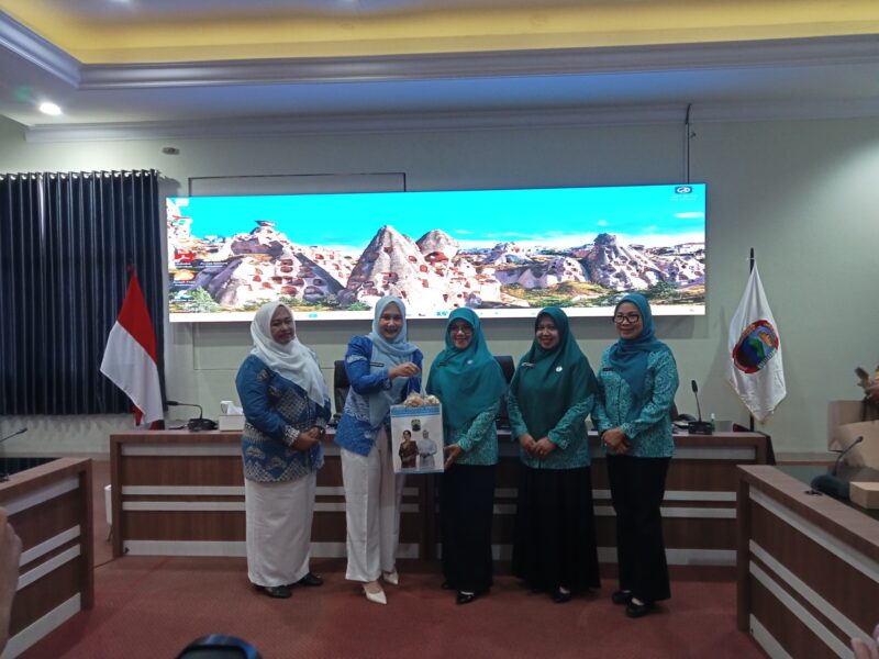 Wakil Ketua TP PKK Lampung Selatan Reni Apriyani Syaiful menyerahkan cindramata kepada Ketua TP PKK Muara Enim. (Foto.Juwantoro)