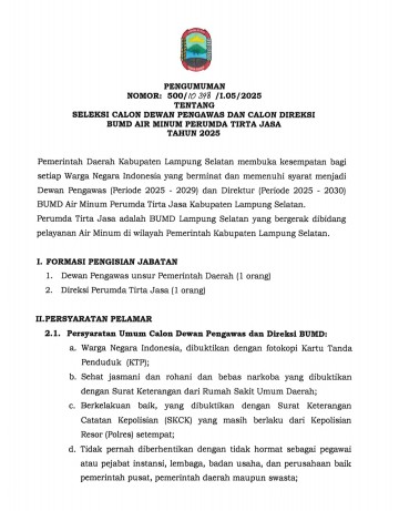 Pengumuman Calon Pengawas dan Direksi BUMD Perumda Tirta Jasa