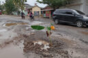Poto: Kondisi jalan yang berlubang di tanami pisang oleh warga 
(Dedi/Srl)