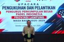Poto: Ketua Umum KONI Lampung Taufik Hidayat saat memberikan sambutan di acara pelantikan ketua PPBPI Lampung (dok HUMAS KONI).