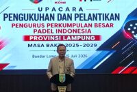 Poto: Ketua Umum KONI Lampung Taufik Hidayat saat memberikan sambutan di acara pelantikan ketua PPBPI Lampung (dok HUMAS KONI).