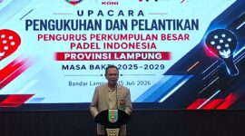 Poto: Ketua Umum KONI Lampung Taufik Hidayat saat memberikan sambutan di acara pelantikan ketua PPBPI Lampung (dok HUMAS KONI).