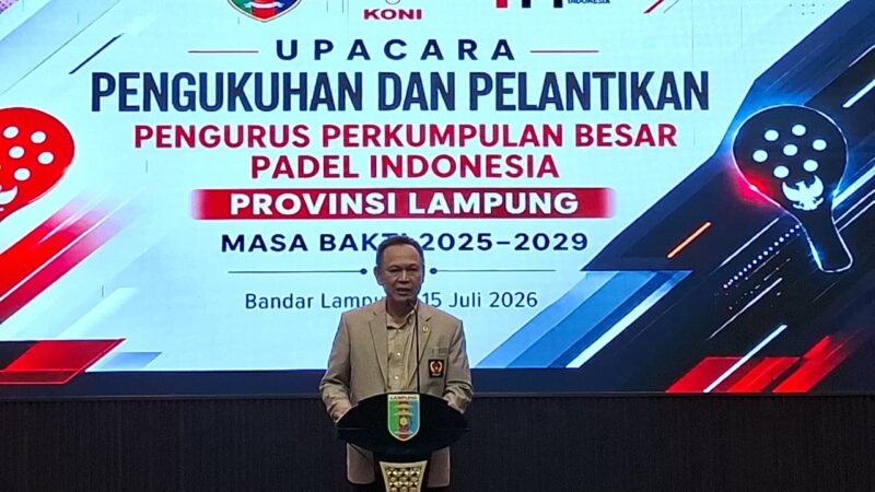 Poto: Ketua Umum KONI Lampung Taufik Hidayat saat memberikan sambutan di acara pelantikan ketua PPBPI Lampung (dok HUMAS KONI).
