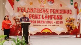 Poto: Wakil Ketua Umum IV KONI Lampung, Ahmad Cherisna Putra saat membuka acara pelantikan ketua FOBI Lampung periode 2026–2030 (ist).